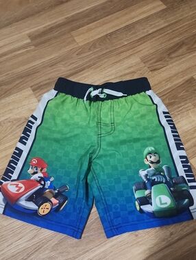 Nintendo Boys Green Blue Mario Kart Swim Trunks